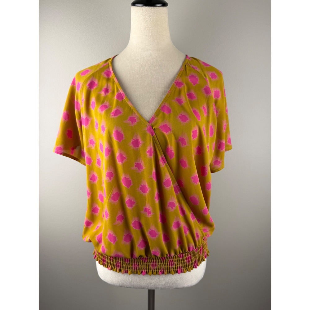 Allison Joy Blouse Abstract Ikat Small Yellow Pink‎ Surplice Smocked Hem Top